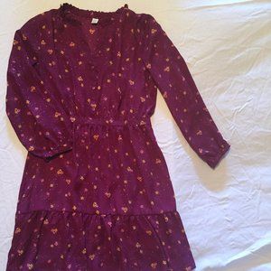 Maroon Ruffle Long Sleeve Floral Dress